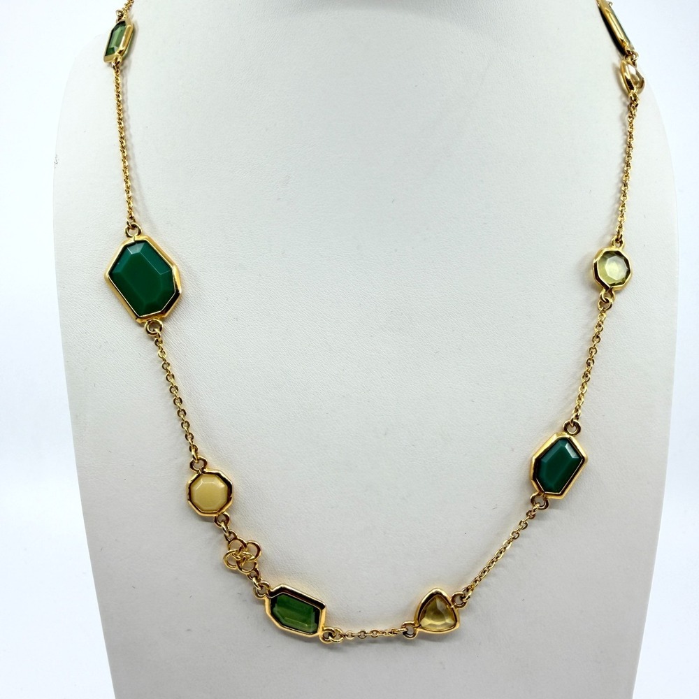 Vintage Y2K Gold Tone Geometric Link Necklace with Green Yellow Resin